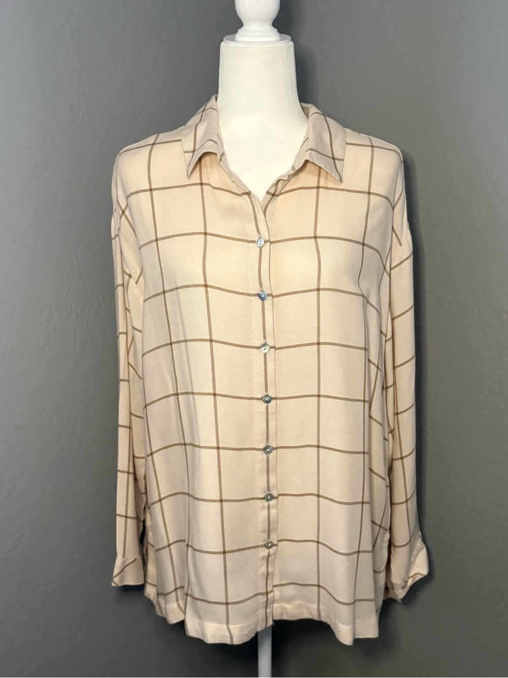 J. Jill Cream and Brown Windowpane Button-Down Shirt